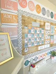 a classroom decorated with lots of different types of numbers and letters on the wall above it