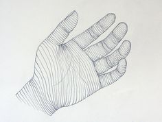 a drawing of a hand holding something in it's right hand with lines on the left side