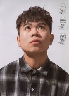 a young man looking up at the sky with various facial expressions on his face and neck