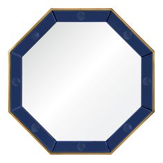 a blue and gold octagonal mirror on a white background, with the reflection of an object in it