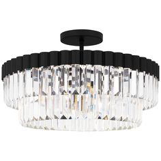 a large crystal chandelier with black trimmings on the bottom and sides