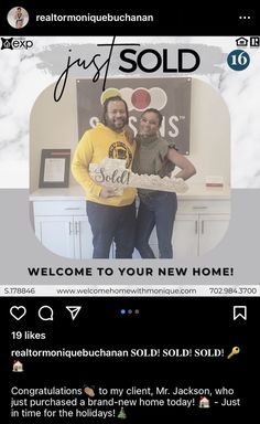 two men standing next to each other in front of a sign that says just sold