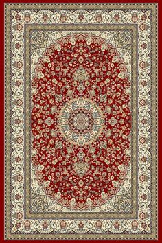 a red and white rug with an ornate design on the center, surrounded by flowers