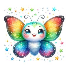 a colorful butterfly with stars around it's wings and eyes, on a white background