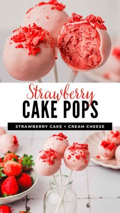 strawberry cake pops with strawberries in the background and text overlay that reads strawberry cake pops