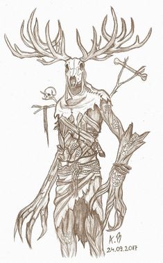 a drawing of a man with antlers on his head and arms, holding two swords