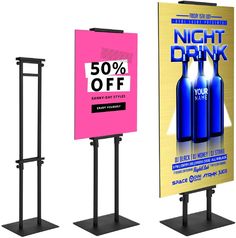 three advertising signs with different colors and sizes