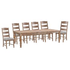 a wooden table with six chairs and one chair is shown in front of white background