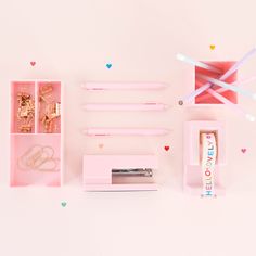 Blush pink desk set displayed on white surface. Gold colored accent stationary displayed inside organizers. Pink Desk Set, Desk Necessities, Pink Office Supplies, Pink Vibe, Gift For Architect, Pink Furniture, Pink Desk, Pink Office, Desk Tray