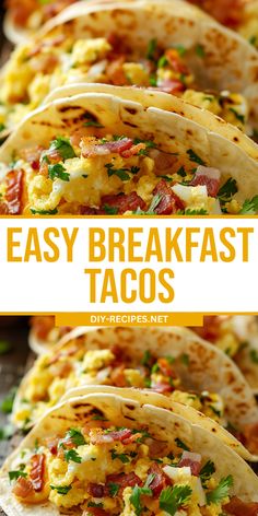 easy breakfast tacos with eggs, bacon and cheese on them are ready to be eaten