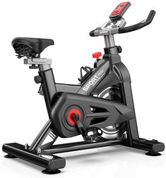 an exercise bike is shown with the seat up and handlebars down, on a white background