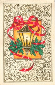 an old fashioned christmas card with holly and a lantern