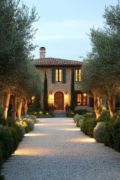 an outdoor walkway leading to a house with lots of trees and bushes on both sides