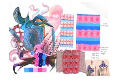 there is a collage with pink and blue items on it, including an octopus