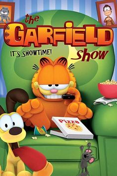 garfield the cat is sitting in a chair with his feet on a pizza box and another cartoon character behind him