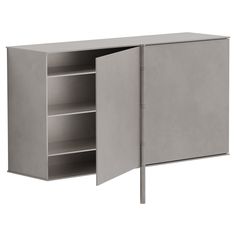 a grey cabinet with doors open on the side and shelves below it, against a white background