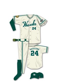 the baseball uniform is white with green trims and has two matching hats on it