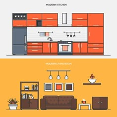 the kitchen and living room are shown in two separate sections, each with an orange color scheme