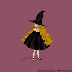 a drawing of a woman in a black dress with yellow hair and a witch hat