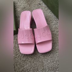 Gucci Rubber Women's Slide Sandal - Size 38 Condition: Like New; Never Worn Authentic. Comes With Box And One Dust Bag Luxury Pink Sandals With Padded Heel, Luxury Pink High Heel Sandals, Luxury Pink Heels For Summer, Pink Open Heel Heels, Gucci Pink Open Toe Sandals, Pink Flat Sandals For Evening, Luxury Pink Block Heel Shoes, Luxury Pink Block Heel Heels, Gucci Block Heel Summer Heels