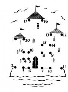 an image of a house in the water with numbers and birds flying around it,