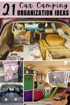 the back of a car with lots of items in it and text overlay that says,