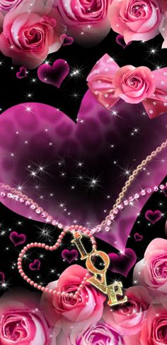 pink roses and pearls are arranged in the shape of a heart