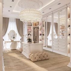 a bedroom with white furniture and chandelier hanging from the ceiling