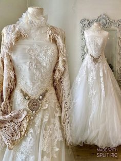 two wedding gowns are on display in front of a mirror, one is white and the other is beige