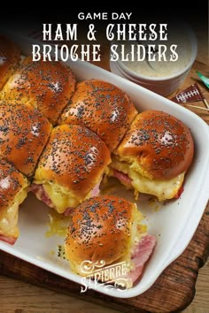 An overhead photo of an oven dish filled with brioche slider rolls filled with ham and melted cheese on a wooden table Ham And Cheese Brioche, Ham And Cheese Brioche Sliders, Recipes With Brioche Buns, Brioche Sliders Recipe, Brioche Sandwich Ideas, Brioche Sliders, Patty Melt Recipe, Avocado Chips