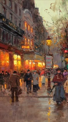 an oil painting of people walking in the rain