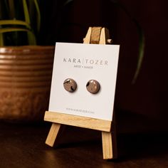 a pair of earrings sitting on top of a wooden easel next to a potted plant