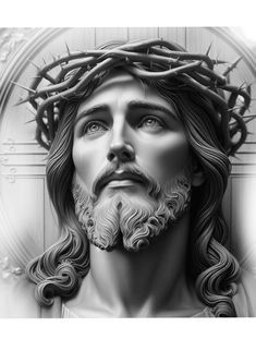 a black and white photo of jesus with crown of thorns on his head in front of a wall