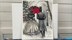 a painting of two people walking in the snow with an umbrella