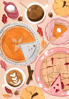 a painting of pies and other desserts on a table with leaves, apples, pumpkins, and coffee