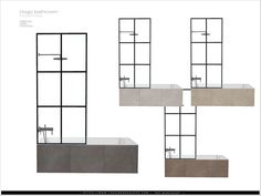 four different angles of the same bathroom sink and countertop, each with an open window