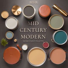 the mid century modern home paint palette is shown in various colors and sizes, including gold