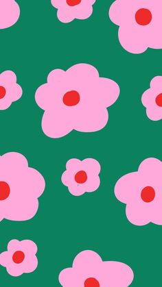 pink flowers on a green background with red dots in the center and bottom half of each flower