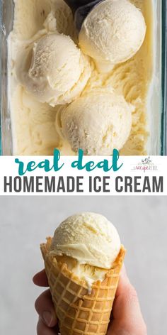 homemade ice cream in a blender with text overlay that reads real deal homemade ice cream