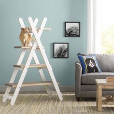 a cat sitting on top of a white ladder in a living room with blue walls