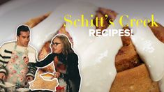 a man and woman standing next to a doughnut covered in icing with the words schit's creek recipes