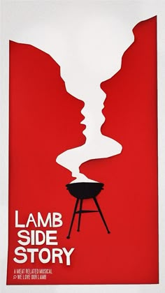 a red poster with the words lamb side story in front of two silhouettes facing each other