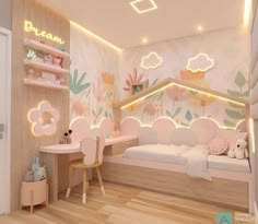 a child's bedroom decorated in pastel colors with flowers on the walls and floor