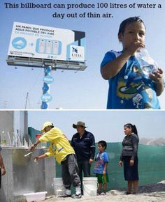 two pictures with people standing in front of a billboard and one is holding a water bottle