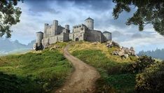 an old castle sitting on top of a lush green hill next to a dirt road