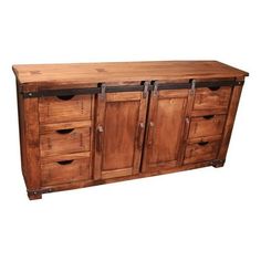 a large wooden cabinet with metal handles and drawers on one side, two doors at the top