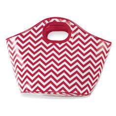 a red and white chevroned bag on a white background with the handle open