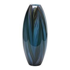 a black and blue vase sitting on top of a table