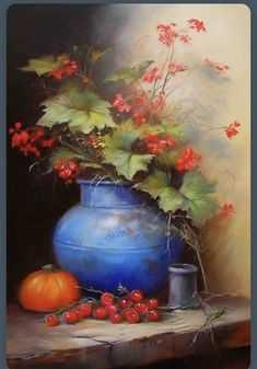 a painting of a blue vase with red flowers in it and some berries on the table