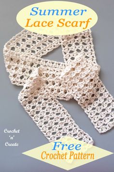 the crochet lace scarf pattern is shown in three different sizes and colors, including white